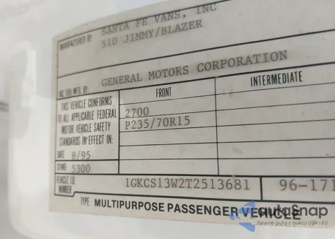 1996 GMC Jimmy z USA, uszkodzony, nr VIN 1GKCS13W2T2513681